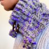 Hand crocheted purple and gray cable cowl with light tan toggle closure and pom poms on the corners hand made by MiasWorkshop