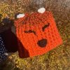 child's size hand crocheted orange and brown fox hat with face and ears