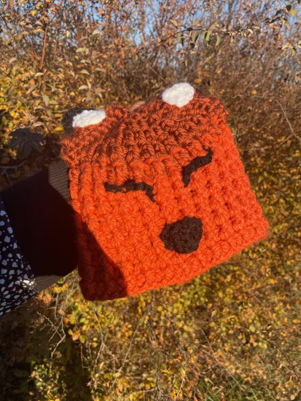 child's size hand crocheted orange and brown fox hat with face and ears