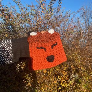 child's size hand crocheted orange and brown fox hat with face and ears