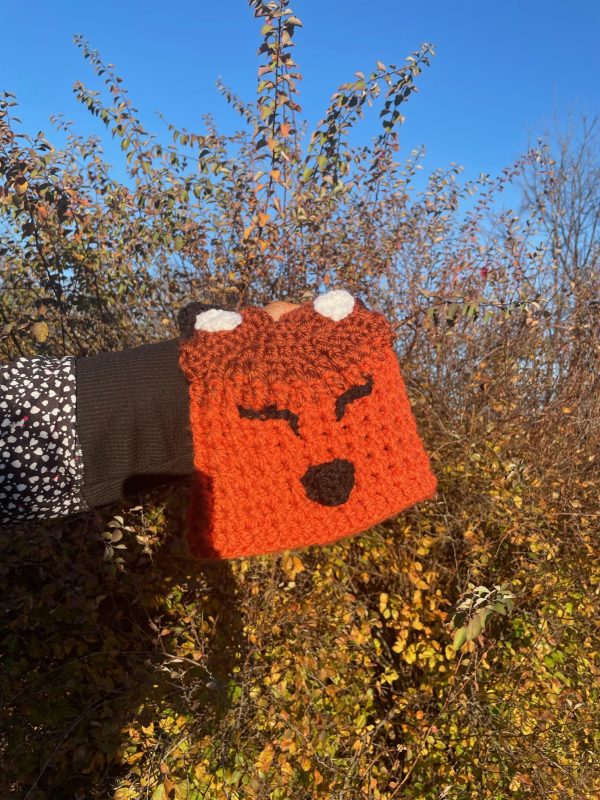 child's size hand crocheted orange and brown fox hat with face and ears