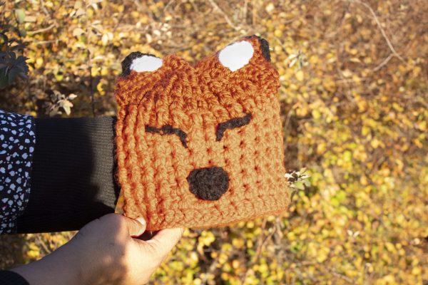 child's size hand crocheted orange and brown fox hat with face and ears