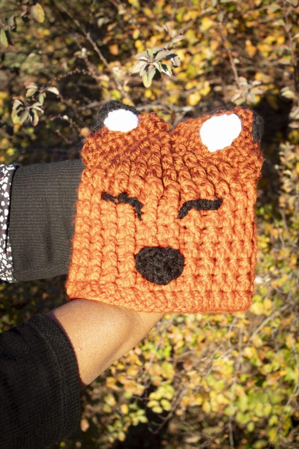 child's size hand crocheted orange and brown fox hat with face and ears