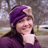 girl wearing violet and tan twisted ear warmer or headband from MiasWorkshop