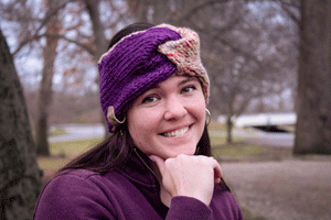 girl wearing violet and tan twisted ear warmer or headband from MiasWorkshop